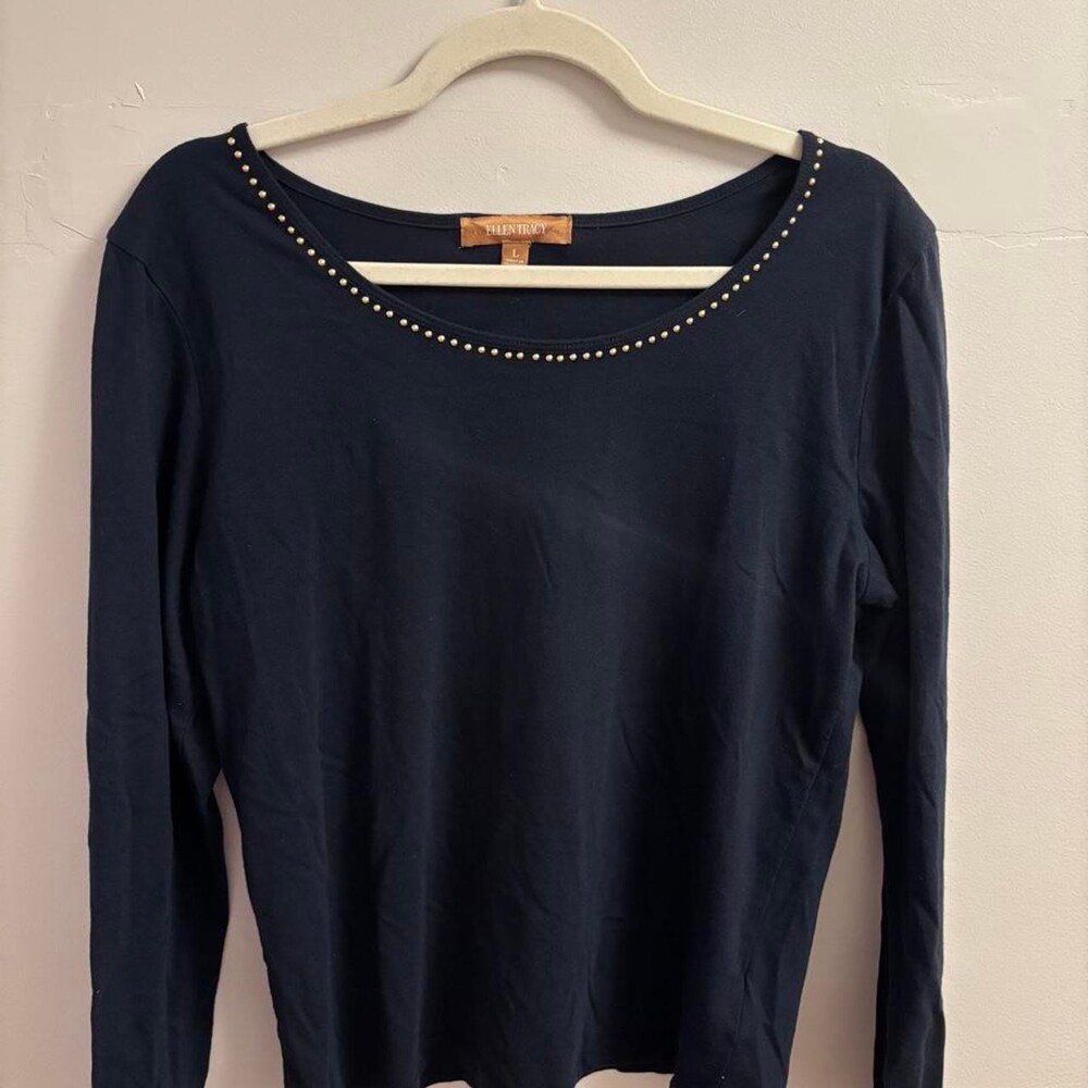 Navy blue long sleeve top with gold studs along the neckline #studded #navy